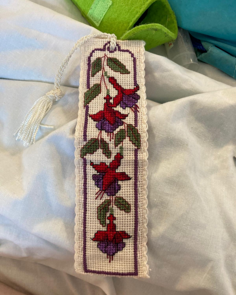 fuschia cross stitch bookmark kit, textile heritage, cre8kits